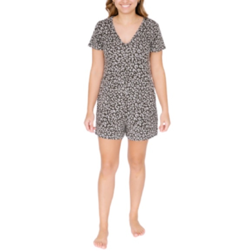 LIKE NEW - SMASH & TESS SUNDAY SHORTY ROMPER - GREY LOLA LEOPARD